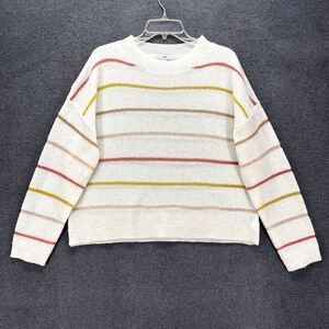 Fate Sweater Womens Large‎ White Yellow Striped Knit Pullover soft crew neck